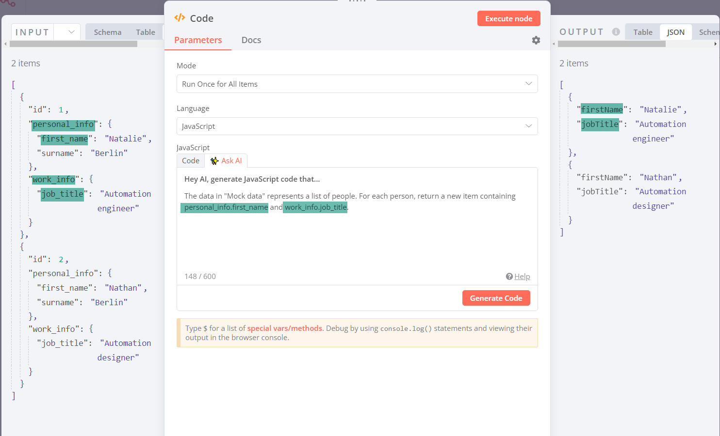 “n8n 代码节点的屏幕截图,突出显示如何在 AI 查询中使用点符号引用数据”
