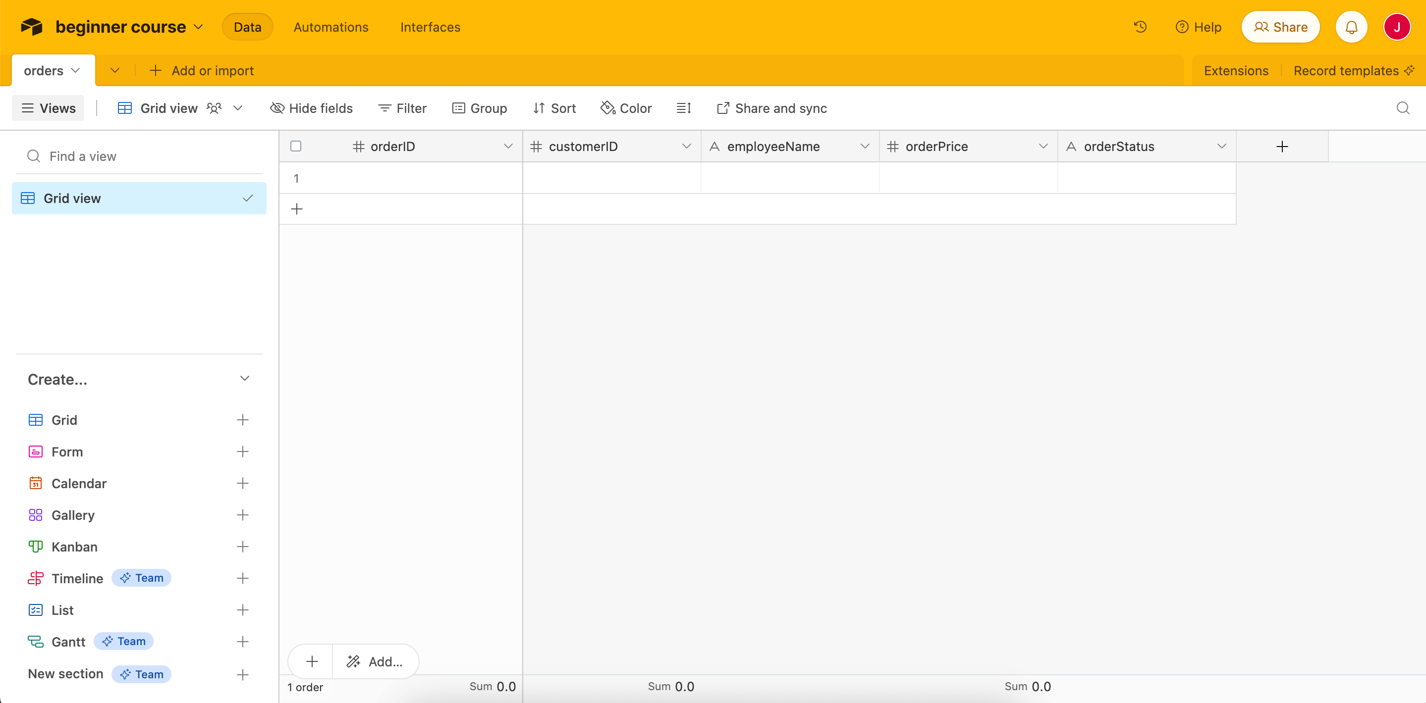 Airtable 中的订单表