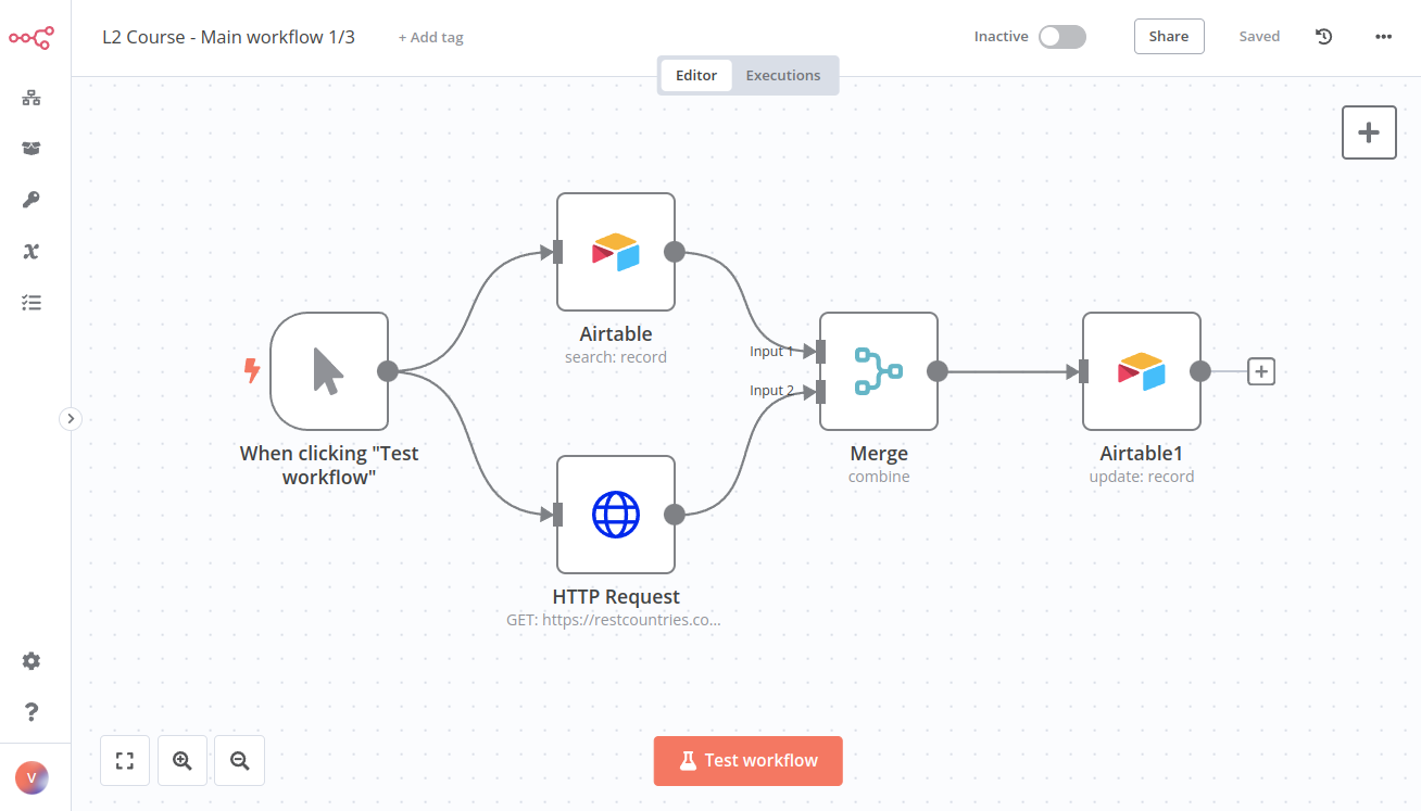 工作流程 1，用于合并来自 Airtable 和国家/地区 API 的数据