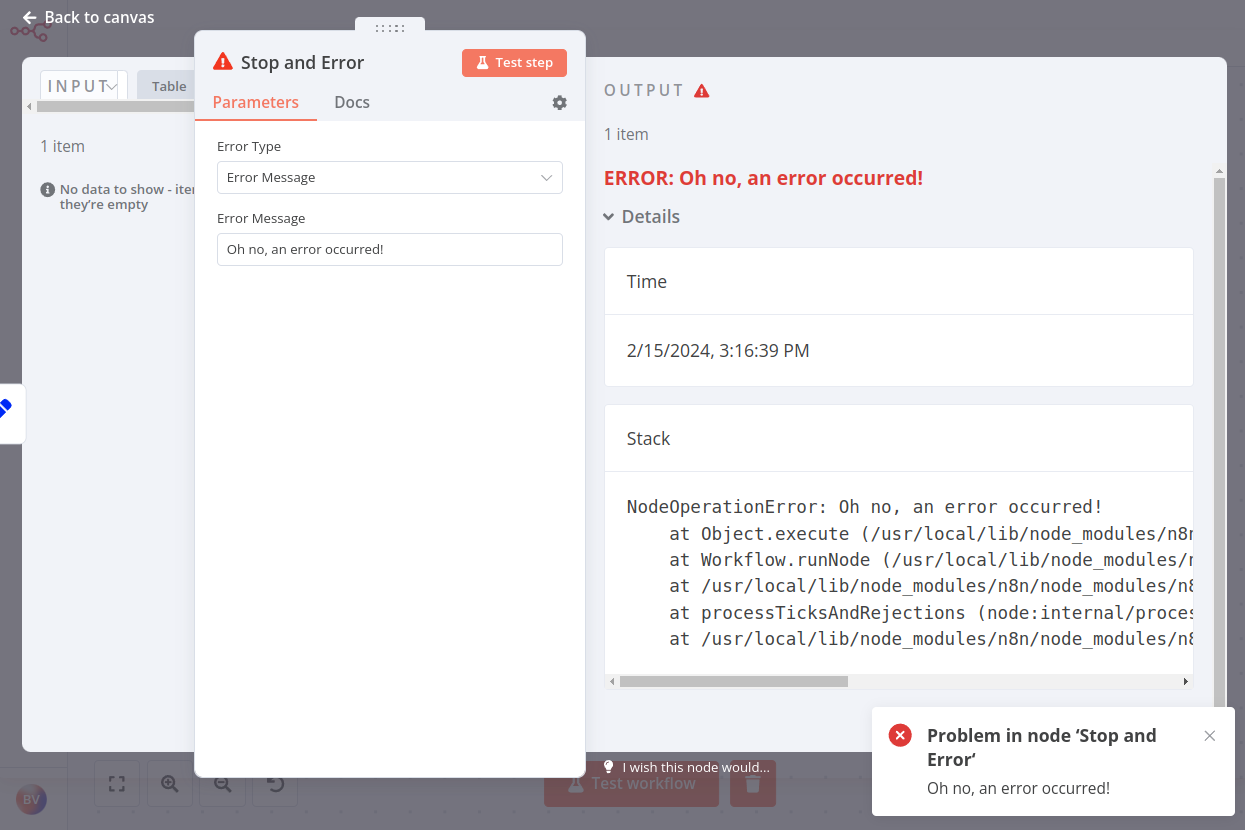 带有错误消息的“停止”和“错误”节点