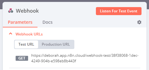 Webhook 节点的“参数”选项卡中的示例 Webhook URL 显示测试 URL 和生产 URL