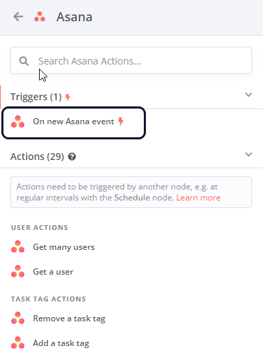 Asana 节点操作列表的屏幕截图，其中显示了列表顶部的“推荐”部分